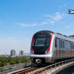 Ahmedabad Metro train on an elevated track near the airport, showing improved urban and airport connectivity in Gujarat
