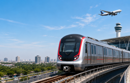 Ahmedabad Metro train on an elevated track near the airport, showing improved urban and airport connectivity in Gujarat