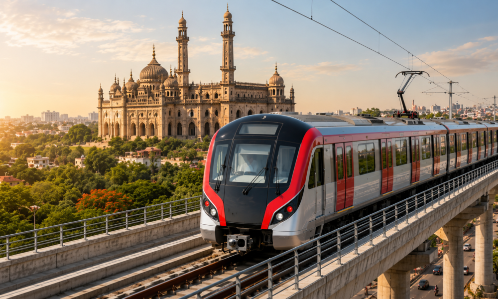 A modern metro train traveling on an elevated track with a historic, ornate architectural monument featuring multiple domes and minarets in the background under a warm, sunset-lit sky.