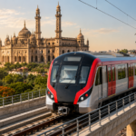 A modern metro train traveling on an elevated track with a historic, ornate architectural monument featuring multiple domes and minarets in the background under a warm, sunset-lit sky.