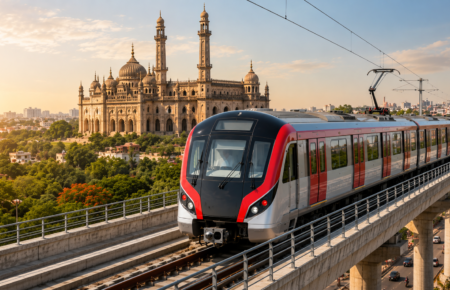 A modern metro train traveling on an elevated track with a historic, ornate architectural monument featuring multiple domes and minarets in the background under a warm, sunset-lit sky.