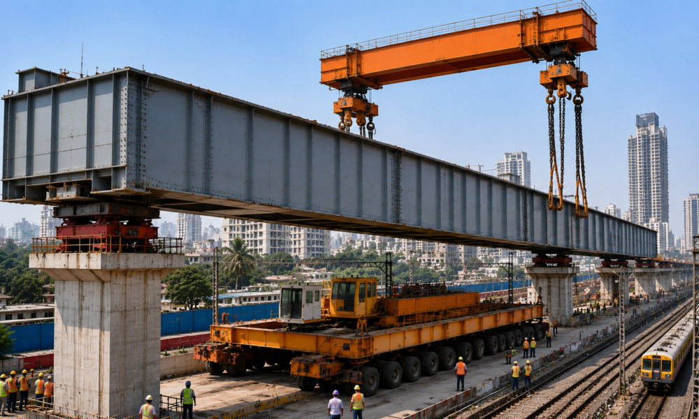 A massive steel girder is being launched at the Sion Road Over Bridge construction site in Mumbai as part of the CSMT-Kurla fifth and sixth railway line expansion project, with cranes, rail tracks and workers visible on site.