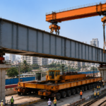 A massive steel girder is being launched at the Sion Road Over Bridge construction site in Mumbai as part of the CSMT-Kurla fifth and sixth railway line expansion project, with cranes, rail tracks and workers visible on site.