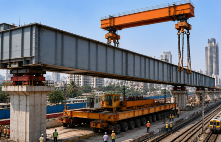 A massive steel girder is being launched at the Sion Road Over Bridge construction site in Mumbai as part of the CSMT-Kurla fifth and sixth railway line expansion project, with cranes, rail tracks and workers visible on site.