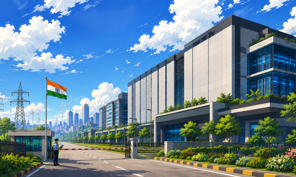 Studio Ghibli-style illustration of a large data centre campus in India, representing RMZ’s planned $35 billion expansion in digital infrastructure, with modern server buildings, power lines, wind turbines and the Indian flag.