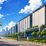 Studio Ghibli-style illustration of a large data centre campus in India, representing RMZ’s planned $35 billion expansion in digital infrastructure, with modern server buildings, power lines, wind turbines and the Indian flag.
