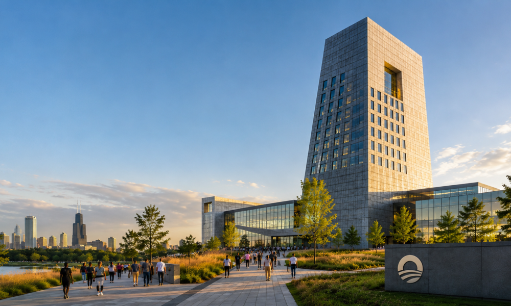 Obama Presidential Centre building in Chicago at sunset, showing a modern civic campus with landscaped public space and community-focused architecture.
