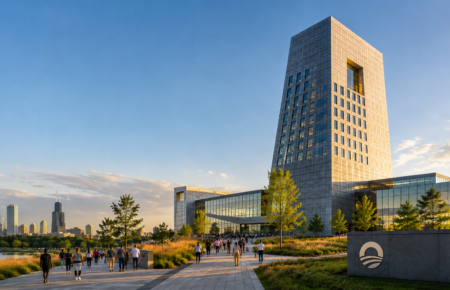 Obama Presidential Centre building in Chicago at sunset, showing a modern civic campus with landscaped public space and community-focused architecture.