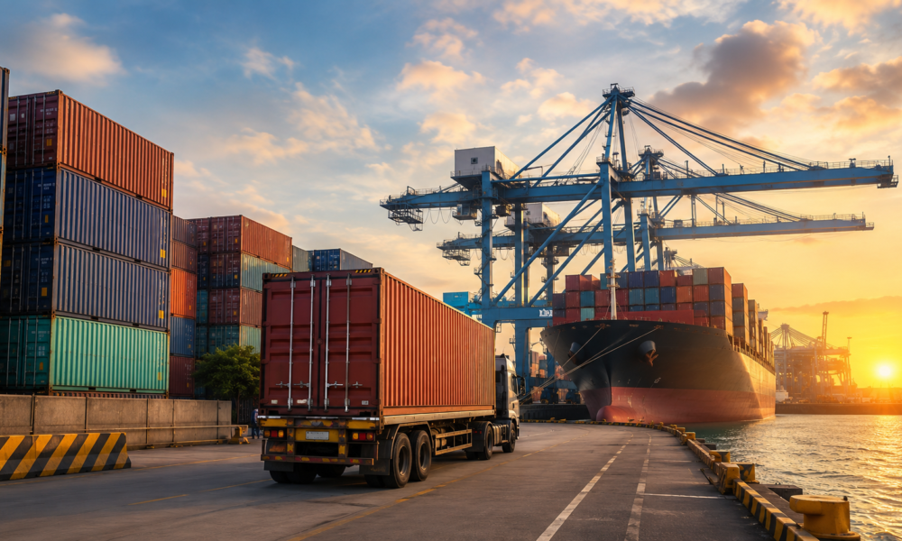 Container truck moving past a cargo ship and stacked containers at JNPA port amid container evacuation delays.
