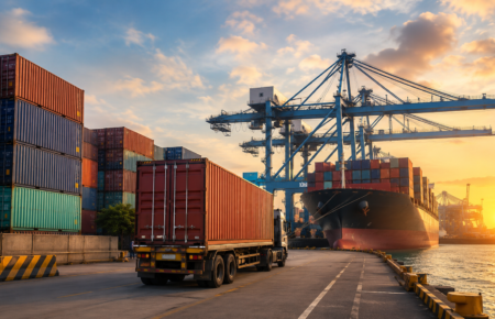 Container truck moving past a cargo ship and stacked containers at JNPA port amid container evacuation delays.