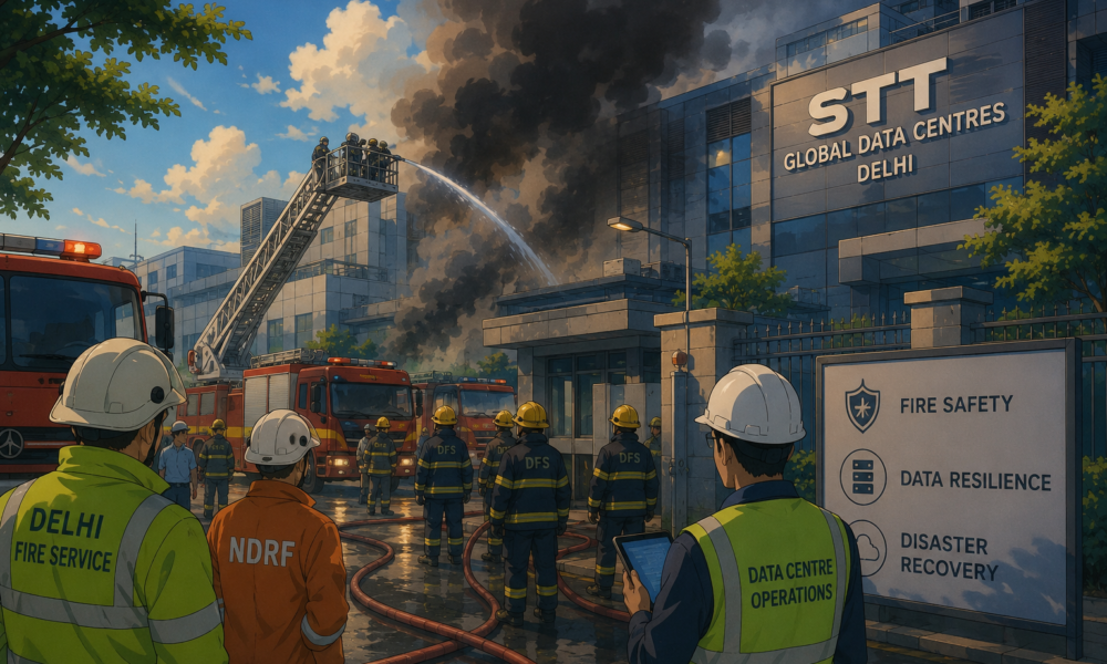 Emergency response outside the STT Global Data Centres facility in Delhi following the fire incident.