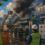 Emergency response outside the STT Global Data Centres facility in Delhi following the fire incident.