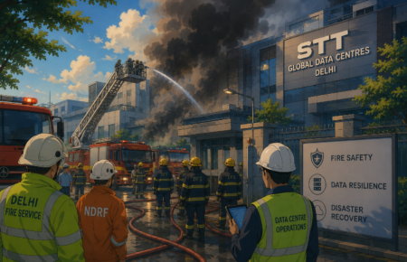 Emergency response outside the STT Global Data Centres facility in Delhi following the fire incident.