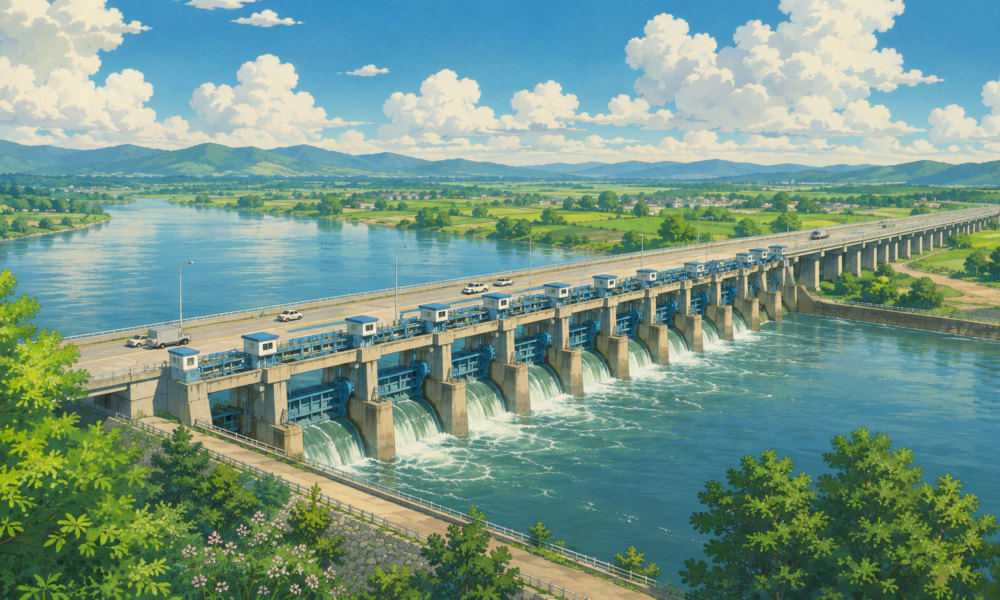 Illustrated view of the proposed Badalpur-Kareli Barrage-cum-Bridge spanning the Mahi River in Gujarat, featuring a large freshwater barrage with multiple gates, a road bridge carrying vehicles, lush green landscapes, and flowing water in a Studio Ghibli-inspired art style.