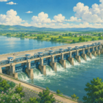 Illustrated view of the proposed Badalpur-Kareli Barrage-cum-Bridge spanning the Mahi River in Gujarat, featuring a large freshwater barrage with multiple gates, a road bridge carrying vehicles, lush green landscapes, and flowing water in a Studio Ghibli-inspired art style.