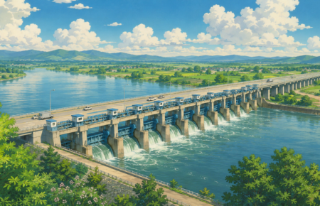Illustrated view of the proposed Badalpur-Kareli Barrage-cum-Bridge spanning the Mahi River in Gujarat, featuring a large freshwater barrage with multiple gates, a road bridge carrying vehicles, lush green landscapes, and flowing water in a Studio Ghibli-inspired art style.