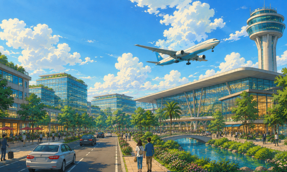 Studio Ghibli style illustration of a modern airport city featuring a glass airport terminal, commercial buildings, landscaped roads, a control tower and a passenger aircraft flying overhead, representing Adani Airport Holdings' airport city project in India.