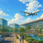 Studio Ghibli style illustration of a modern airport city featuring a glass airport terminal, commercial buildings, landscaped roads, a control tower and a passenger aircraft flying overhead, representing Adani Airport Holdings' airport city project in India.