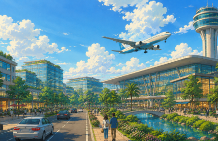 Studio Ghibli style illustration of a modern airport city featuring a glass airport terminal, commercial buildings, landscaped roads, a control tower and a passenger aircraft flying overhead, representing Adani Airport Holdings' airport city project in India.