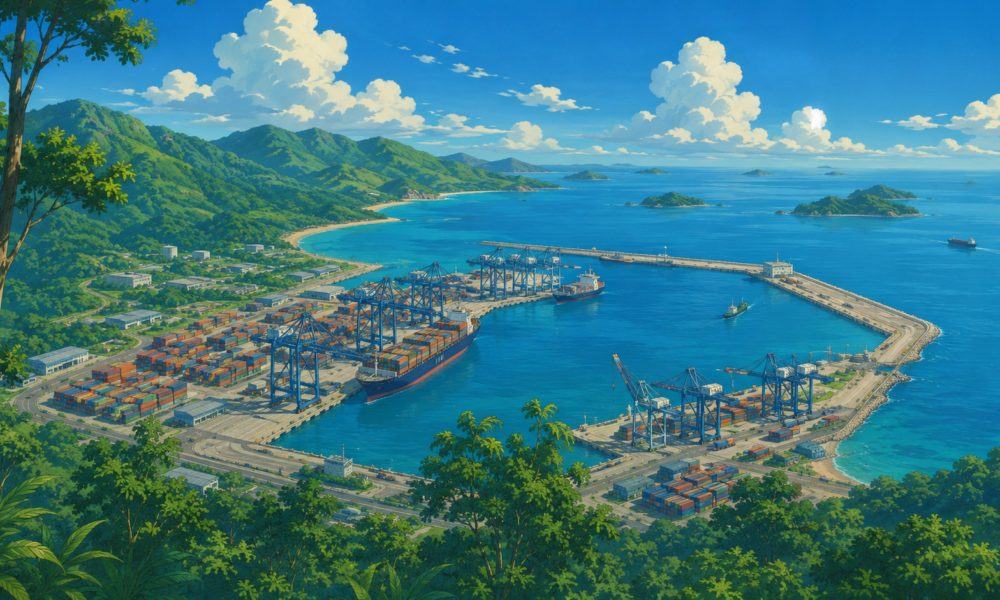 Studio Ghibli style illustration of the proposed Galathea Bay International Container Transshipment Port on Great Nicobar Island with cargo ships, container cranes and a deep-water harbour.
