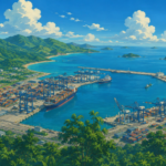 Studio Ghibli style illustration of the proposed Galathea Bay International Container Transshipment Port on Great Nicobar Island with cargo ships, container cranes and a deep-water harbour.