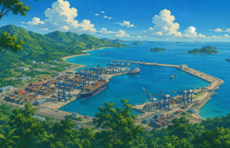 Studio Ghibli style illustration of the proposed Galathea Bay International Container Transshipment Port on Great Nicobar Island with cargo ships, container cranes and a deep-water harbour.