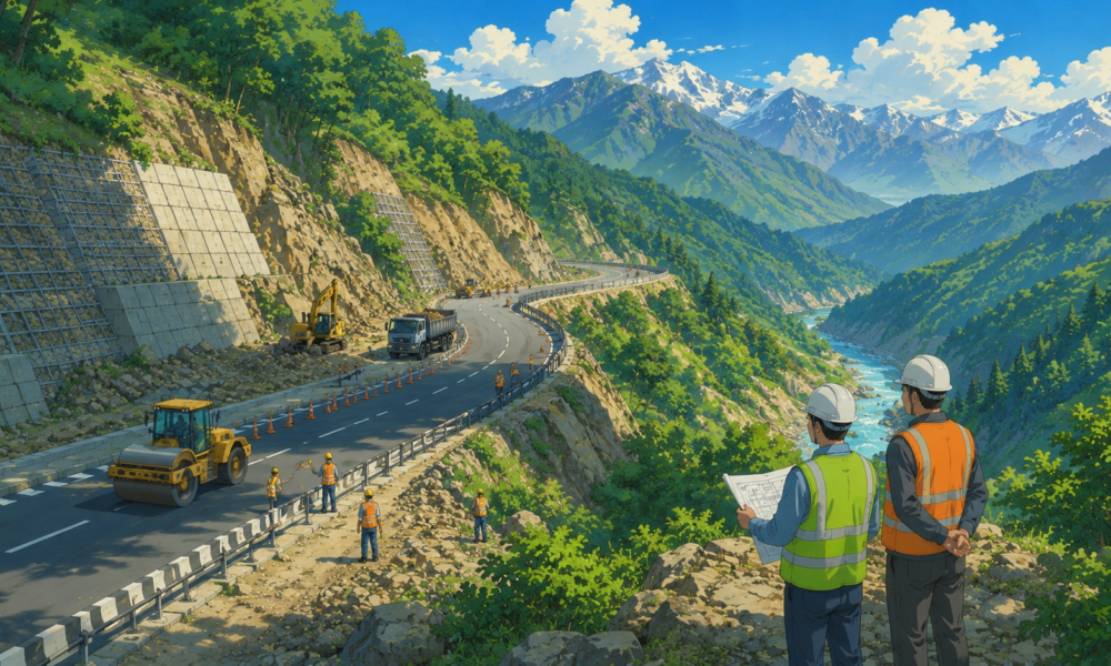 Studio Ghibli style illustration of a national highway under construction in the Himalayan hills with slope stabilisation measures and mountain road engineering.