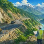Studio Ghibli style illustration of a national highway under construction in the Himalayan hills with slope stabilisation measures and mountain road engineering.