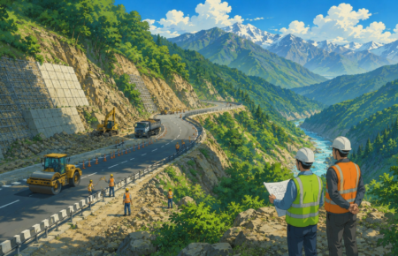 Studio Ghibli style illustration of a national highway under construction in the Himalayan hills with slope stabilisation measures and mountain road engineering.