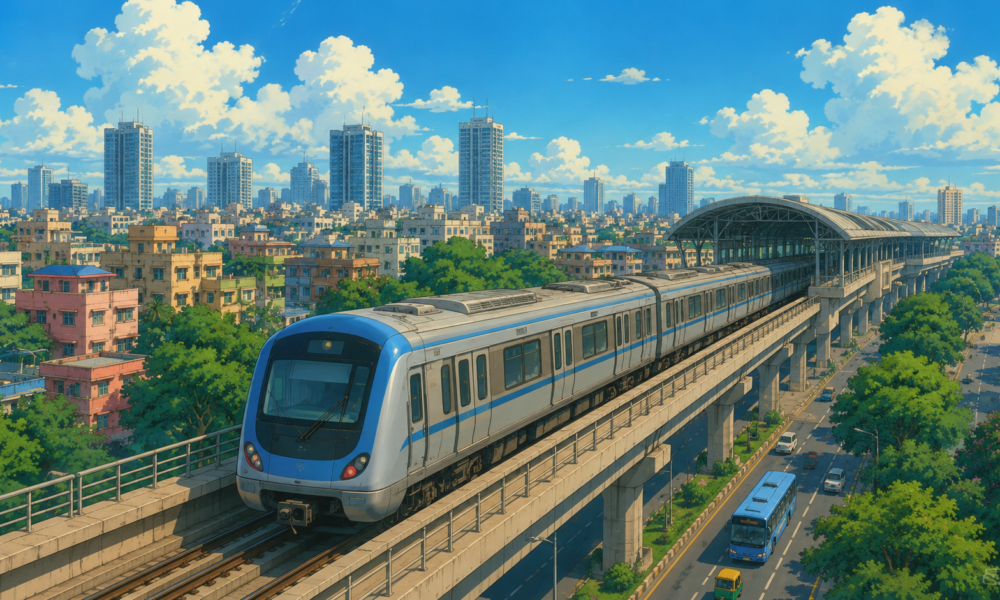 An elevated metro train travels through a modern Indian city with high-rise buildings, green landscapes and clear blue skies in a Studio Ghibli-inspired illustration representing India's expanding urban metro network.