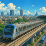 An elevated metro train travels through a modern Indian city with high-rise buildings, green landscapes and clear blue skies in a Studio Ghibli-inspired illustration representing India's expanding urban metro network.