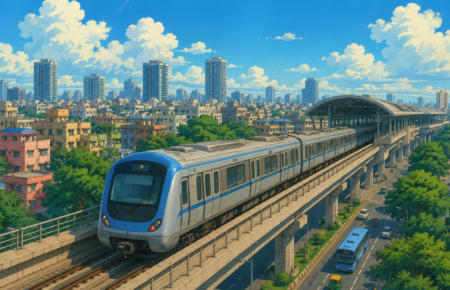 An elevated metro train travels through a modern Indian city with high-rise buildings, green landscapes and clear blue skies in a Studio Ghibli-inspired illustration representing India's expanding urban metro network.