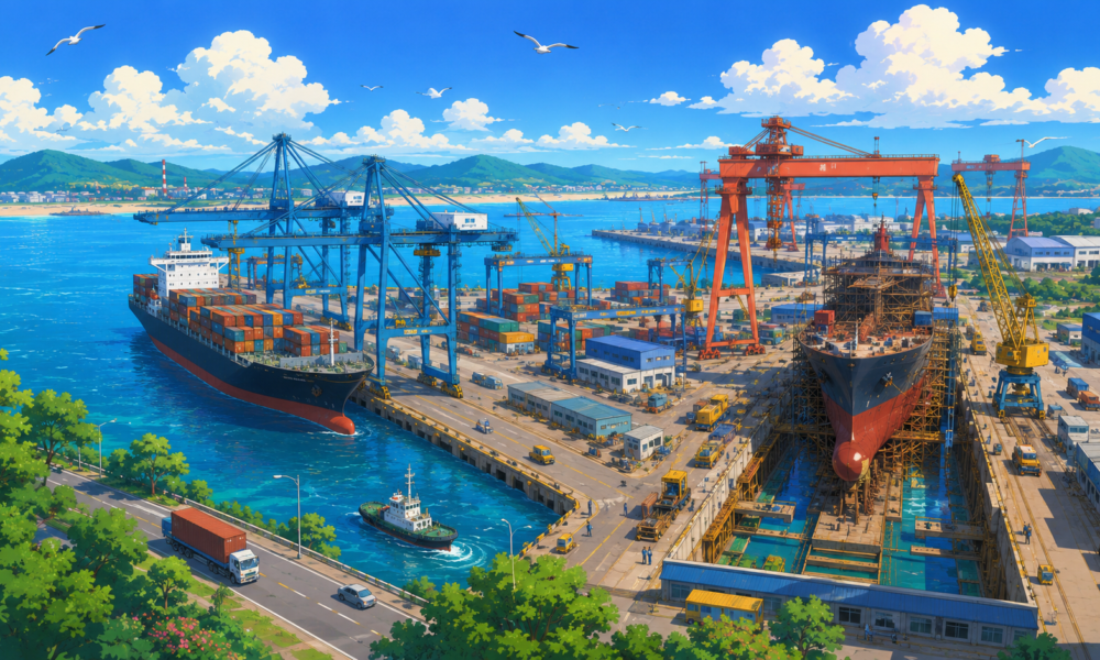 Studio Ghibli-style illustration of a modern deep-sea port in Odisha featuring container ships, cargo cranes, a shipbuilding dock, logistics infrastructure and coastal industrial facilities.