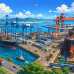 Studio Ghibli-style illustration of a modern deep-sea port in Odisha featuring container ships, cargo cranes, a shipbuilding dock, logistics infrastructure and coastal industrial facilities.