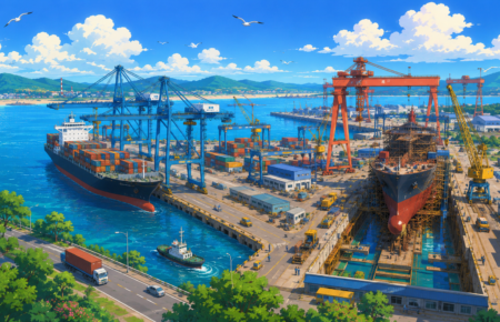 Studio Ghibli-style illustration of a modern deep-sea port in Odisha featuring container ships, cargo cranes, a shipbuilding dock, logistics infrastructure and coastal industrial facilities.