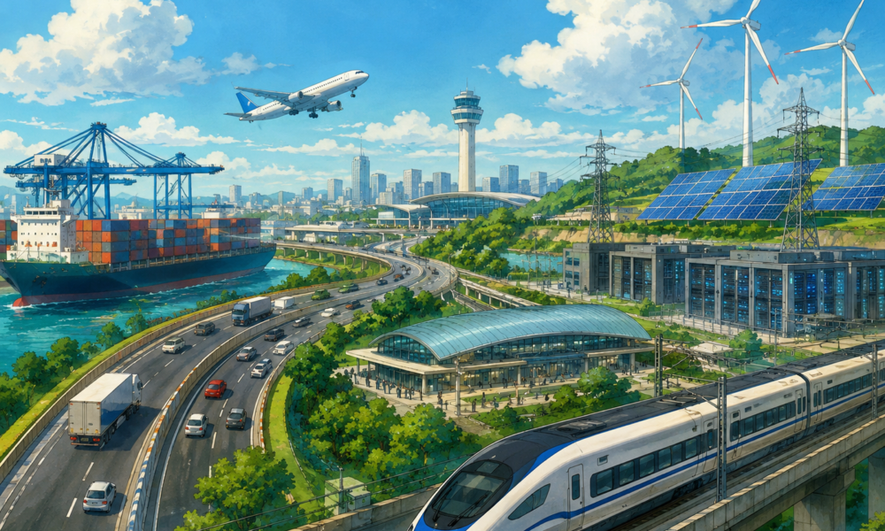 Studio Ghibli-style illustration of India's modern infrastructure featuring a high-speed train, highways, airport, cargo port, data centre and renewable energy.