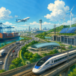 Studio Ghibli-style illustration of India's modern infrastructure featuring a high-speed train, highways, airport, cargo port, data centre and renewable energy.