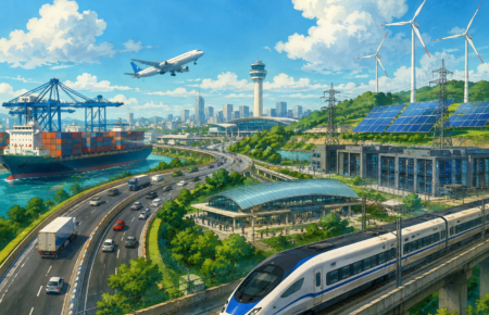 Studio Ghibli-style illustration of India's modern infrastructure featuring a high-speed train, highways, airport, cargo port, data centre and renewable energy.