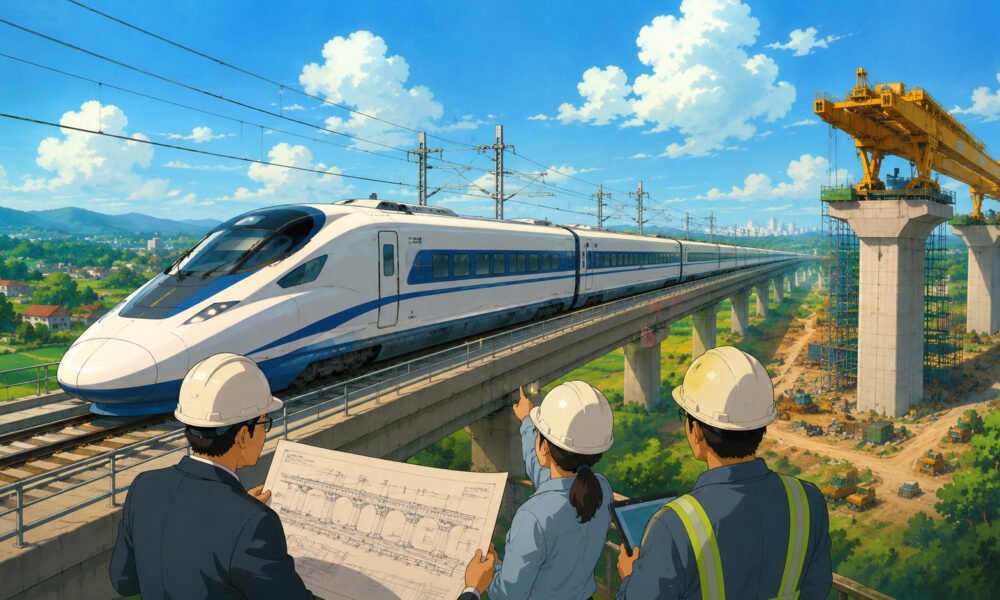 Studio Ghibli style illustration of a bullet train travelling on an elevated viaduct as engineers review standard infrastructure designs for India's future high speed rail corridors.
