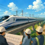 Studio Ghibli style illustration of a bullet train travelling on an elevated viaduct as engineers review standard infrastructure designs for India's future high speed rail corridors.