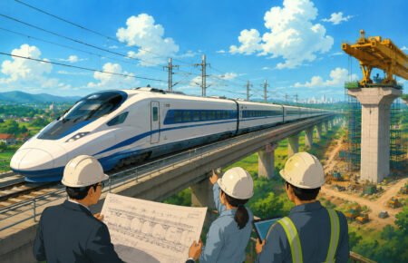 Studio Ghibli style illustration of a bullet train travelling on an elevated viaduct as engineers review standard infrastructure designs for India's future high speed rail corridors.