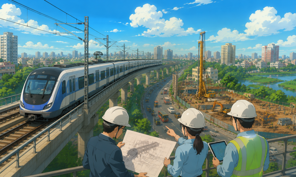 Studio Ghibli style illustration of Mumbai Metro Line 14 with an elevated metro train, engineers reviewing project plans and an active construction site representing the corridor's revised feasibility study.