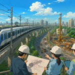 Studio Ghibli style illustration of Mumbai Metro Line 14 with an elevated metro train, engineers reviewing project plans and an active construction site representing the corridor's revised feasibility study.