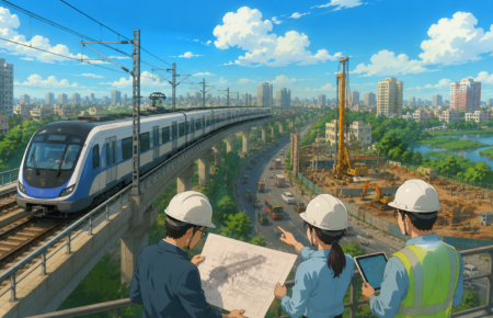 Studio Ghibli style illustration of Mumbai Metro Line 14 with an elevated metro train, engineers reviewing project plans and an active construction site representing the corridor's revised feasibility study.