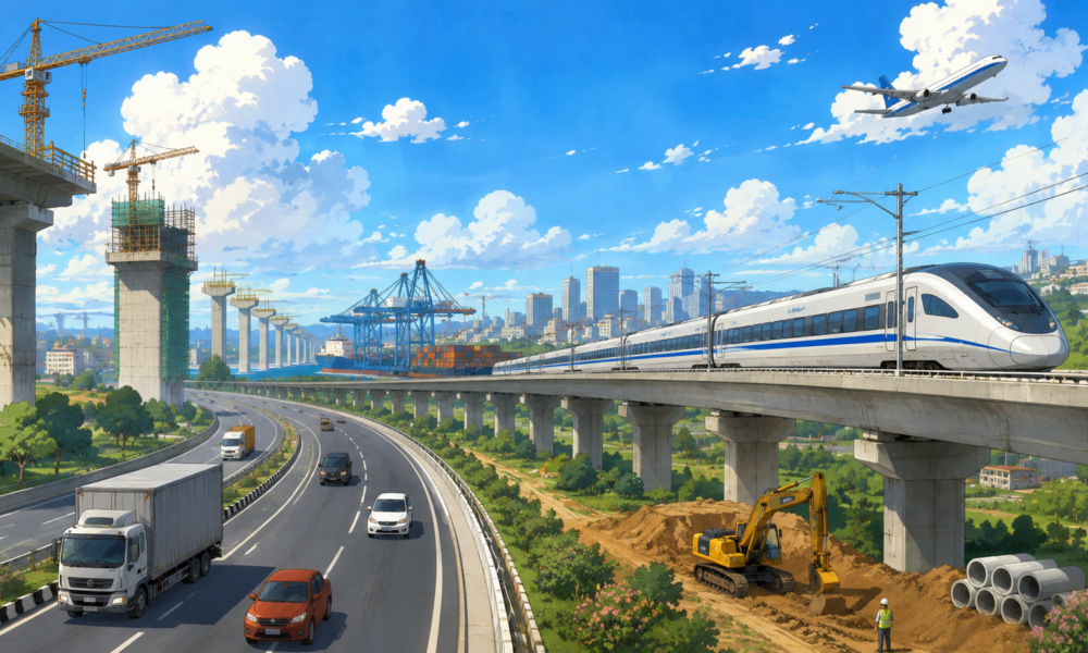 Illustration of India's modern infrastructure featuring highways, high speed rail, ports and construction projects.
