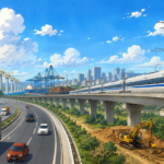 Illustration of India's modern infrastructure featuring highways, high speed rail, ports and construction projects.