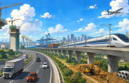 Illustration of India's modern infrastructure featuring highways, high speed rail, ports and construction projects.