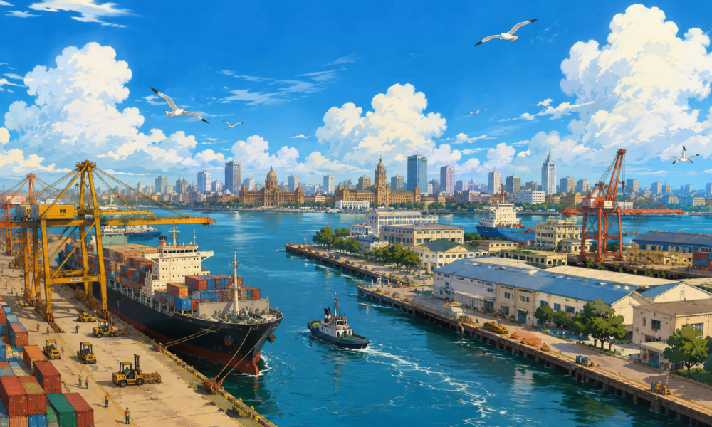 Studio Ghibli style illustration of Mumbai Port featuring cargo ships, container terminals, cranes and the Mumbai skyline, representing India's maritime infrastructure expansion.