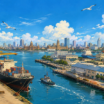 Studio Ghibli style illustration of Mumbai Port featuring cargo ships, container terminals, cranes and the Mumbai skyline, representing India's maritime infrastructure expansion.