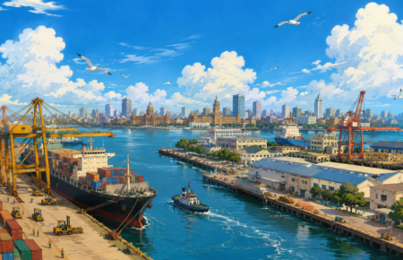 Studio Ghibli style illustration of Mumbai Port featuring cargo ships, container terminals, cranes and the Mumbai skyline, representing India's maritime infrastructure expansion.